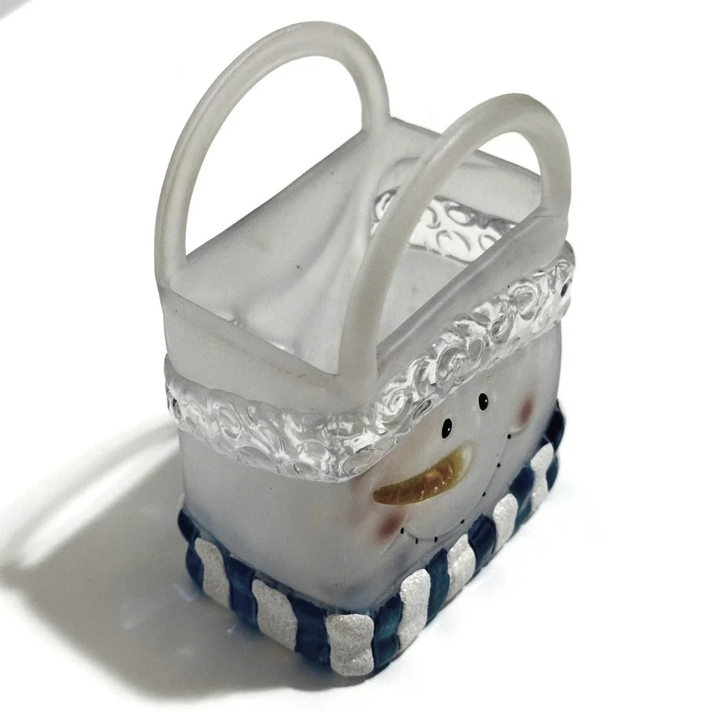 Hand Painted Snowman Glass Basket Decor Clear Blue Excellent Holiday Frosted